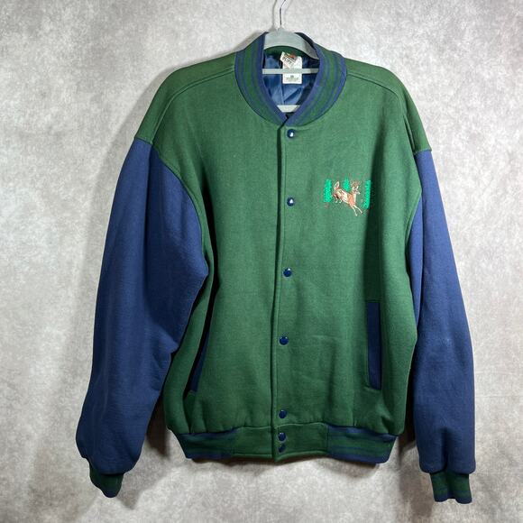Vintage Fruit Of The Loom Bomber Jacket Mens XL Blue Green Snap Deer 90s Y2K - Picture 1 of 11